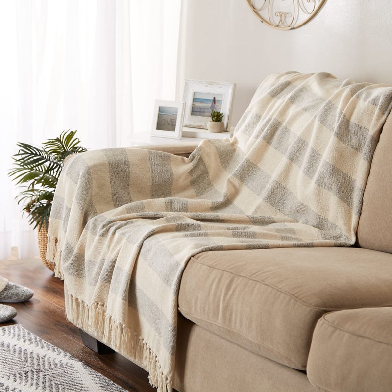 DII Rustic Farmhouse Cotton Cabana Striped Blanket Throw with Fringe, 50 x 60 - Cabana Striped Gray & Off-White - Image 4